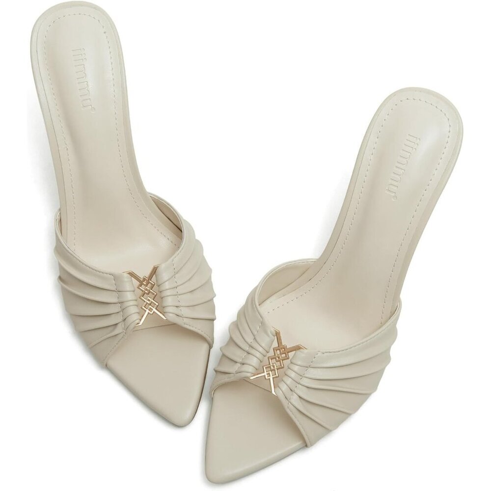 Women's Cream Faux Leather High Heels with Pointed Peep Toe Heeled Sandals